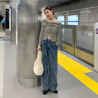 Striped button-down off-shoulder T-shirt