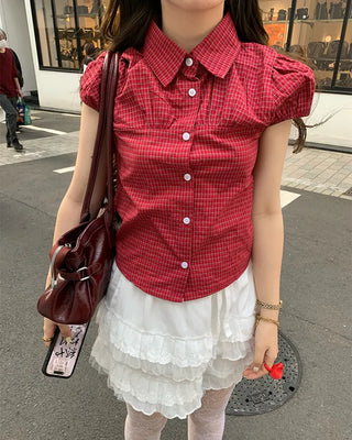 Gingham check puff sleeve shirt