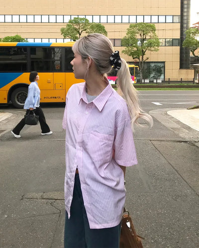 Oversized striped short-sleeved shirt
