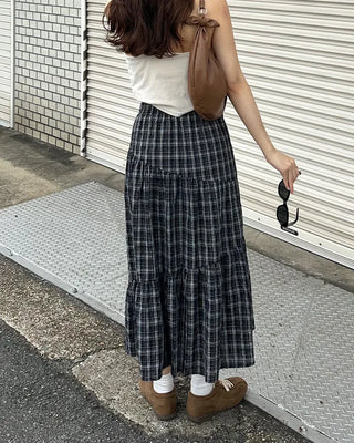Checked frill long skirt