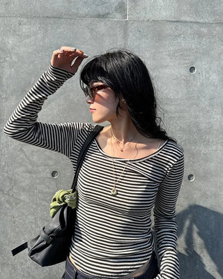 U-neck striped long-sleeved T-shirt