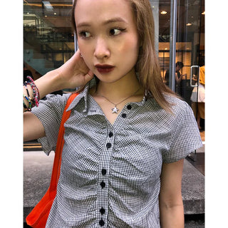 Cropped check shirred shirt