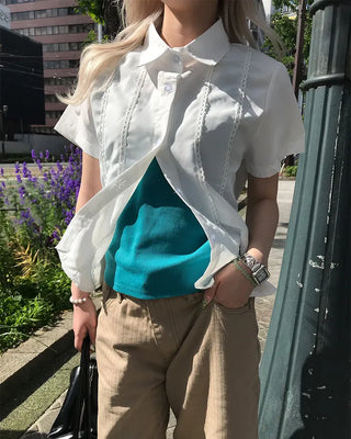 Lace-detail short-sleeved blouse