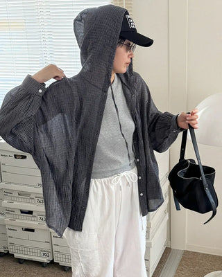 Checked hooded shirt