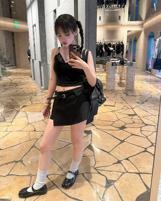 Belted slit mini skirt