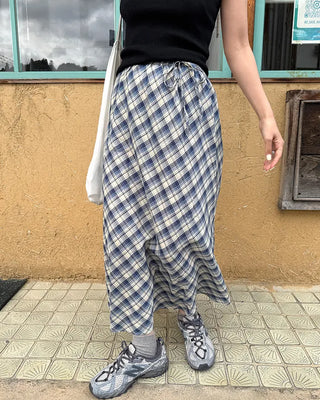 Checked banded long skirt