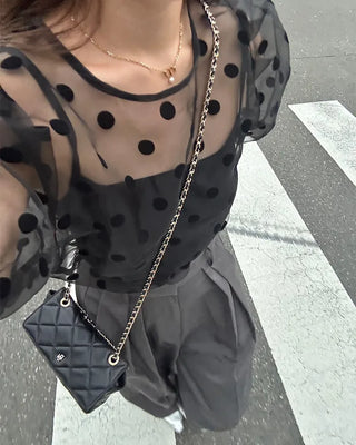 Sheer polka dot puff sleeve blouse
