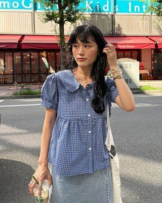 Round collar shirred blouse
