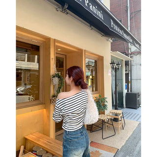 Striped off-shoulder T-shirt