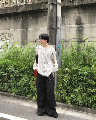 Striped button-up long-sleeved T-shirt