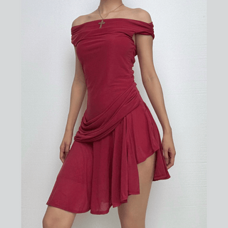One shoulder ruched solid slit mini dress