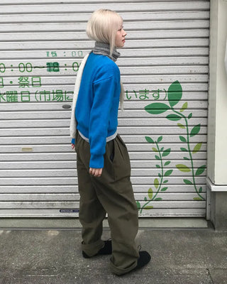 Elastic waistband, two-pleat wide-leg pants