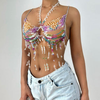 Halter beaded contrast hollow out cut out top