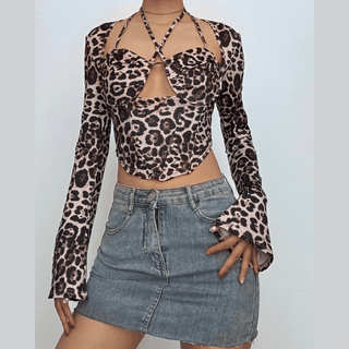 Leopard print halter long sleeve hollow out cut out top