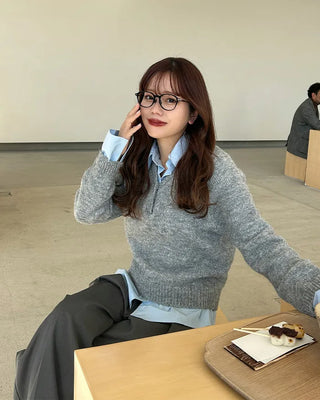 Shirt-layered loose-fit knit
