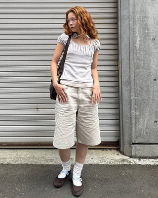 Rose Tie Set Puff Sleeve Gathered Rib Top