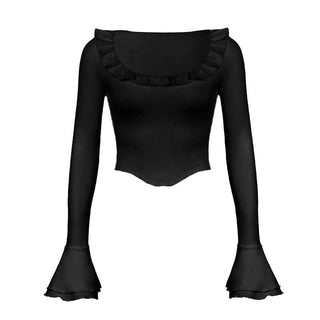 Long flared sleeve crewneck ruffle solid top