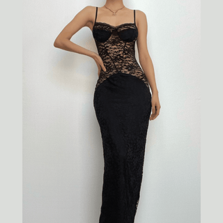 Button slit zip-up solid lace low cut maxi dress-final-sale