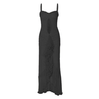 Ruffle high slit ruched hollow out cami cut out maxi dress