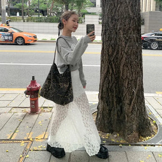 Lace flared long skirt