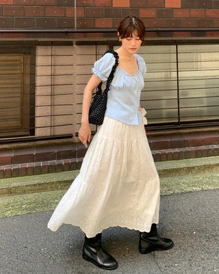 Perforated lace long skirt