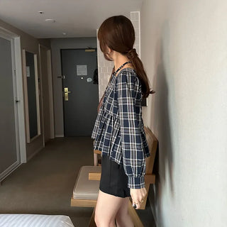 2-way check peplum blouse