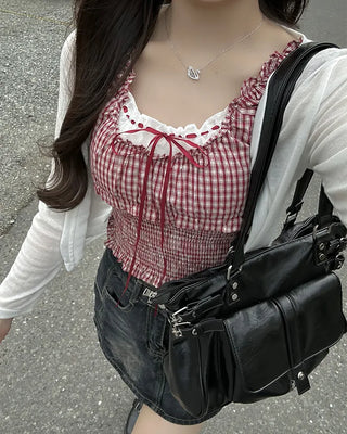 Checked ribbon top blouse