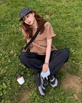 Gingham check half shirt