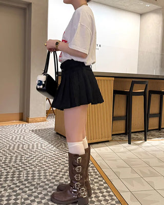 Double-belted pinstripe mini skirt