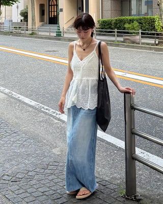 Washed long denim skirt