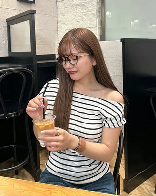 Asymmetrical Off-Shoulder Striped T-Shirt