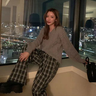 Checked wide banding pants