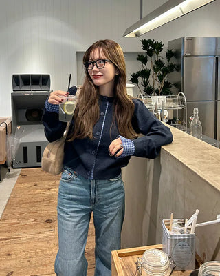 Checked two-tone knit cardigan