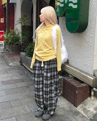 Checked wide-leg pants with string waistband
