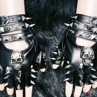 Skull applique rivet hollow out gloves