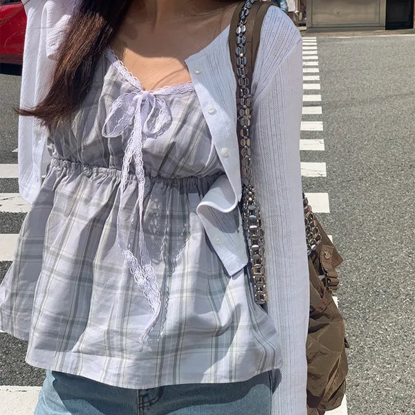 Checked lace elastic ribbon sleeveless blouse