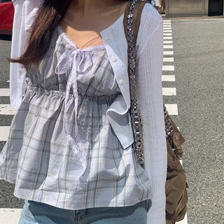 Checked lace elastic ribbon sleeveless blouse