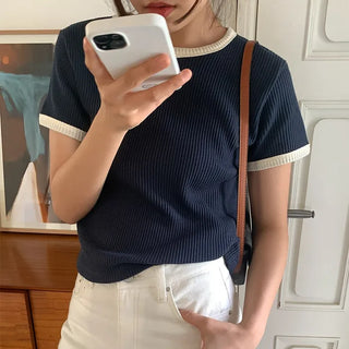 Waffle Bicolor Round Short-Sleeve T-Shirt