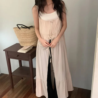 Ribbon layered chiffon bustier camisole long dress
