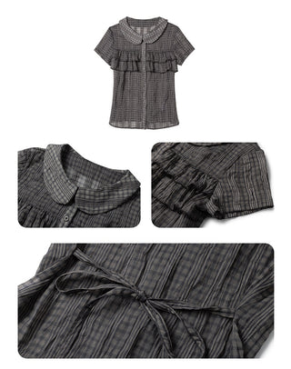 [NECY] Purple Grey Ruffle Plaid Shirt