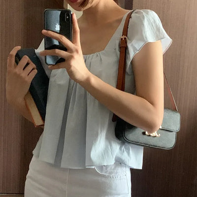 Square Shirred Elastic Short-Sleeve Blouse