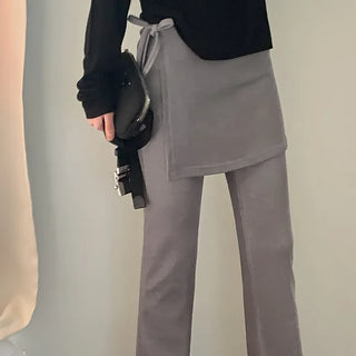 Layered wrap skirt, elastic waist bootcut pants