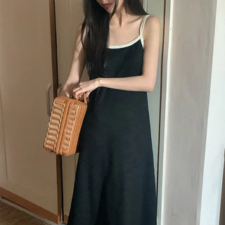Summer bicolor tweed back slit ribbon camisole long dress
