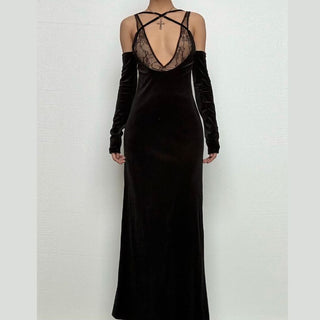 Off shoulder v neck velvet lace hem cami maxi dress