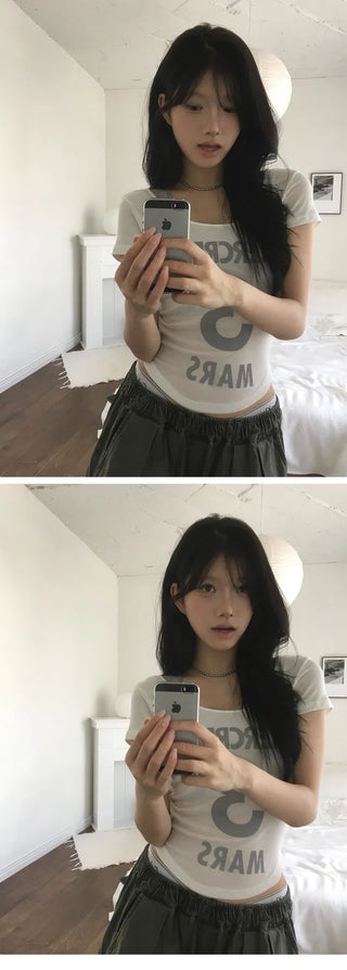 33 See-through U-neck Line Short Sleeve T-shirt - 3 colors