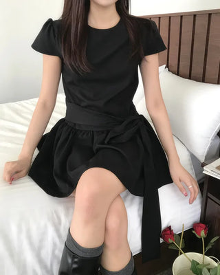 ribbon strap flared mini dress (2color)