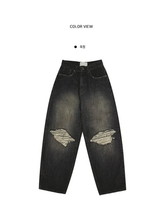 KARINA Front and back damage Faded unique black Black Denim pants