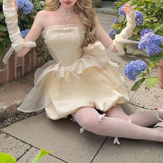 Embroidery ruffle gloves bowknot lace up tube mini dress