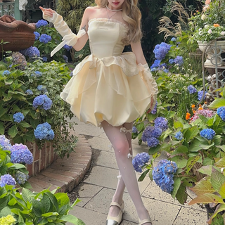 Embroidery ruffle gloves bowknot lace up tube mini dress