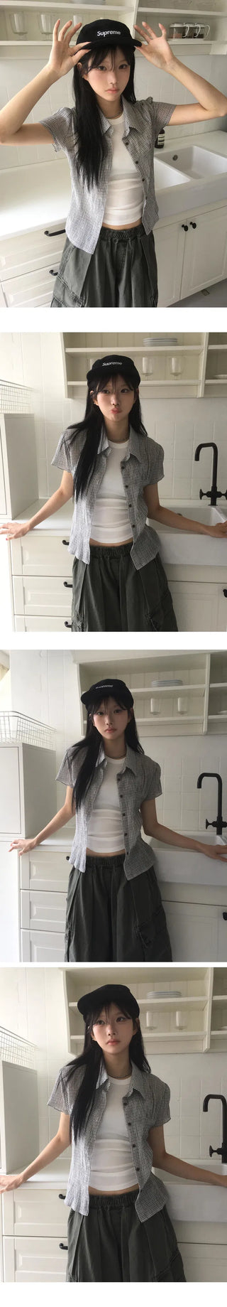 New York Shirring Short Sleeve Check Blouse BL - 2 Colors